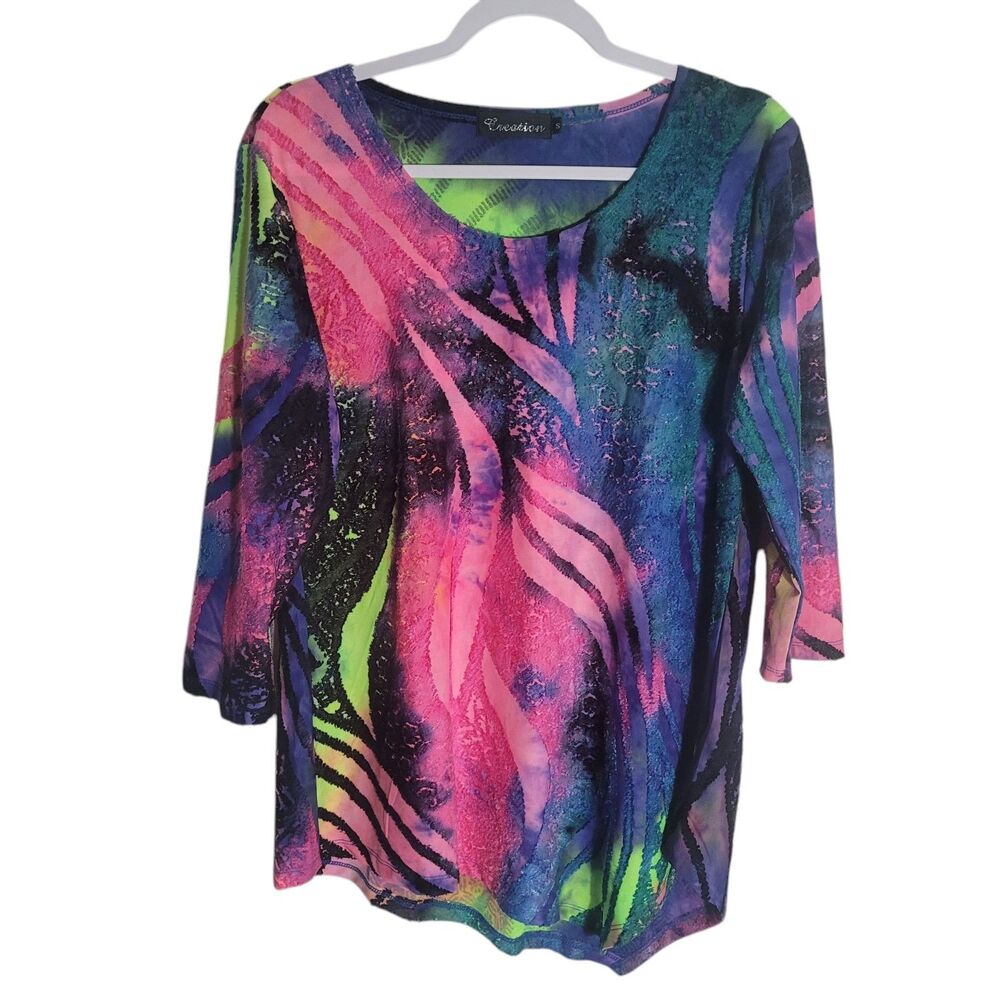 Creation‎ Mixed Media Neon Tunic Top Women's Size Small Colorful Artsy Boho